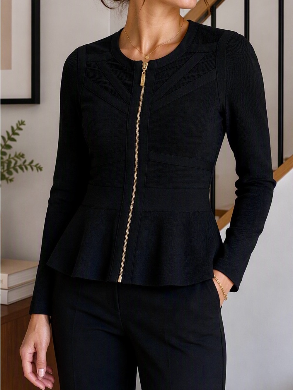 Marciano Black Peplum Zip-Front Jacket
